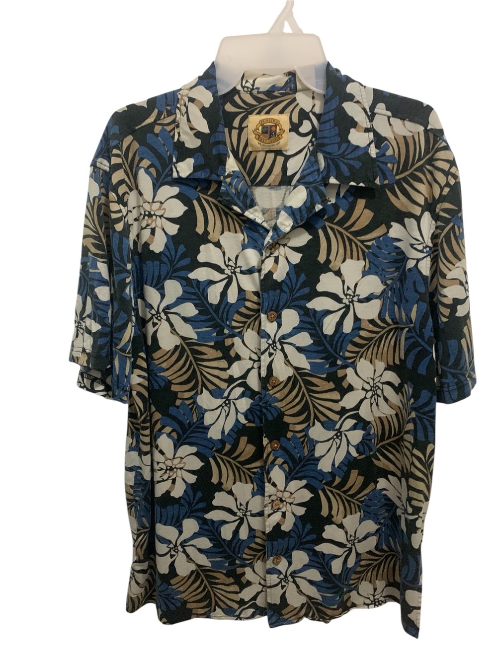 Pusser's West Indies Navy/ Tan Floral Silk Blend Aloha Shirt Size Medium Hawaii
